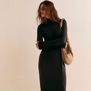 Free People Good Feels Mockneck Midi Dress- BLACK COLOR